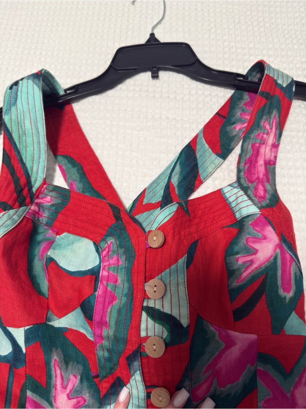 FARM Rio Red Tropical Button-Front Mini Dress with Turquoise & Pink Leaves - Picture 6 of 9